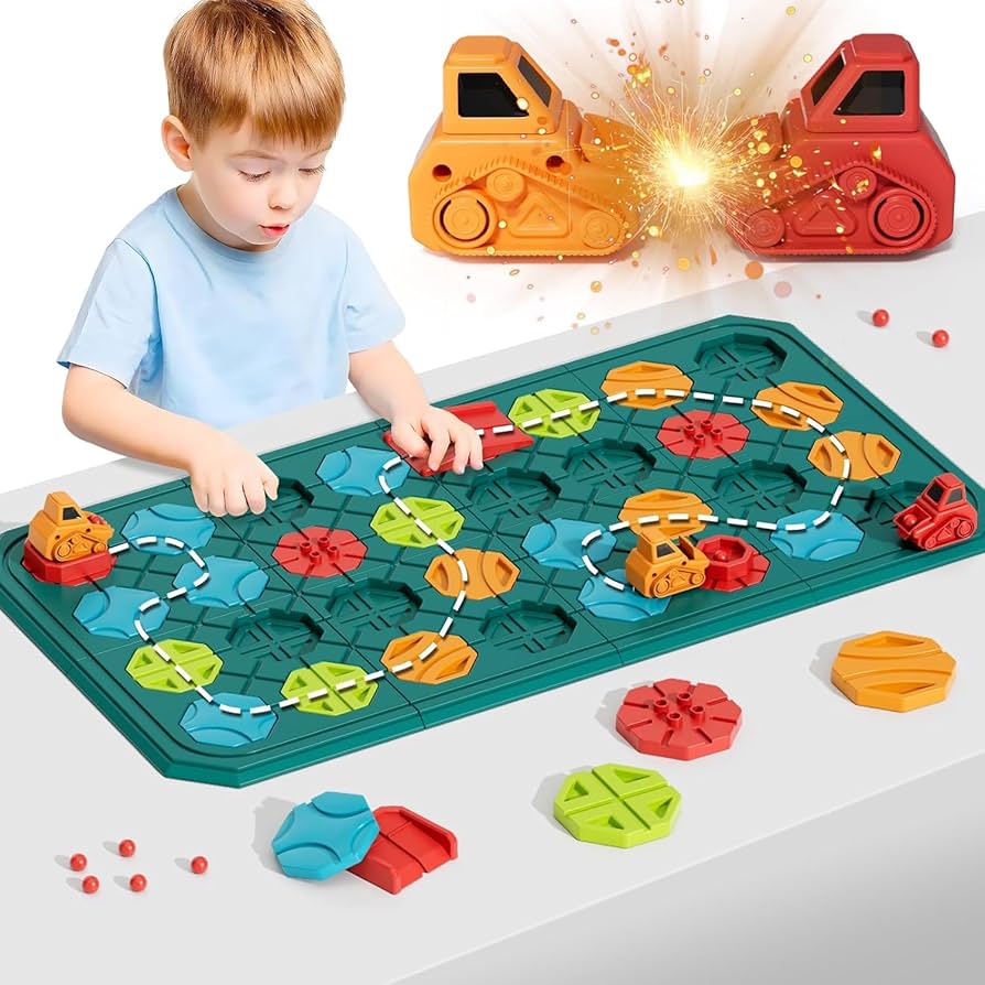 Kids learning STEM with educational board games - building & problem solving