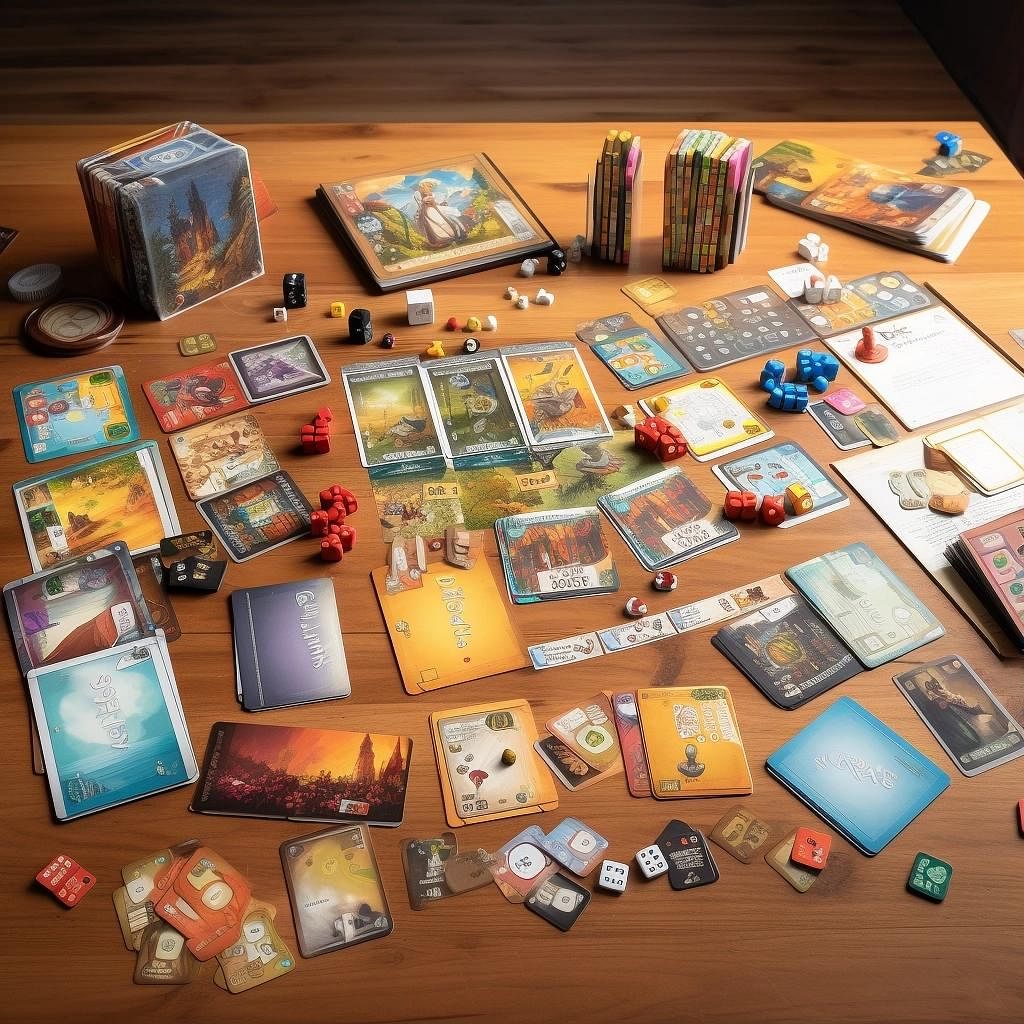A collage of the board games Dixit, Concept, Rorys Story Cubes, Telestrations, and Pictionary, with players engaging in creative thinking, drawing, and storytelling. The atmosphere is lively and colorful, showcasing the imaginative and artistic aspects of each game.
