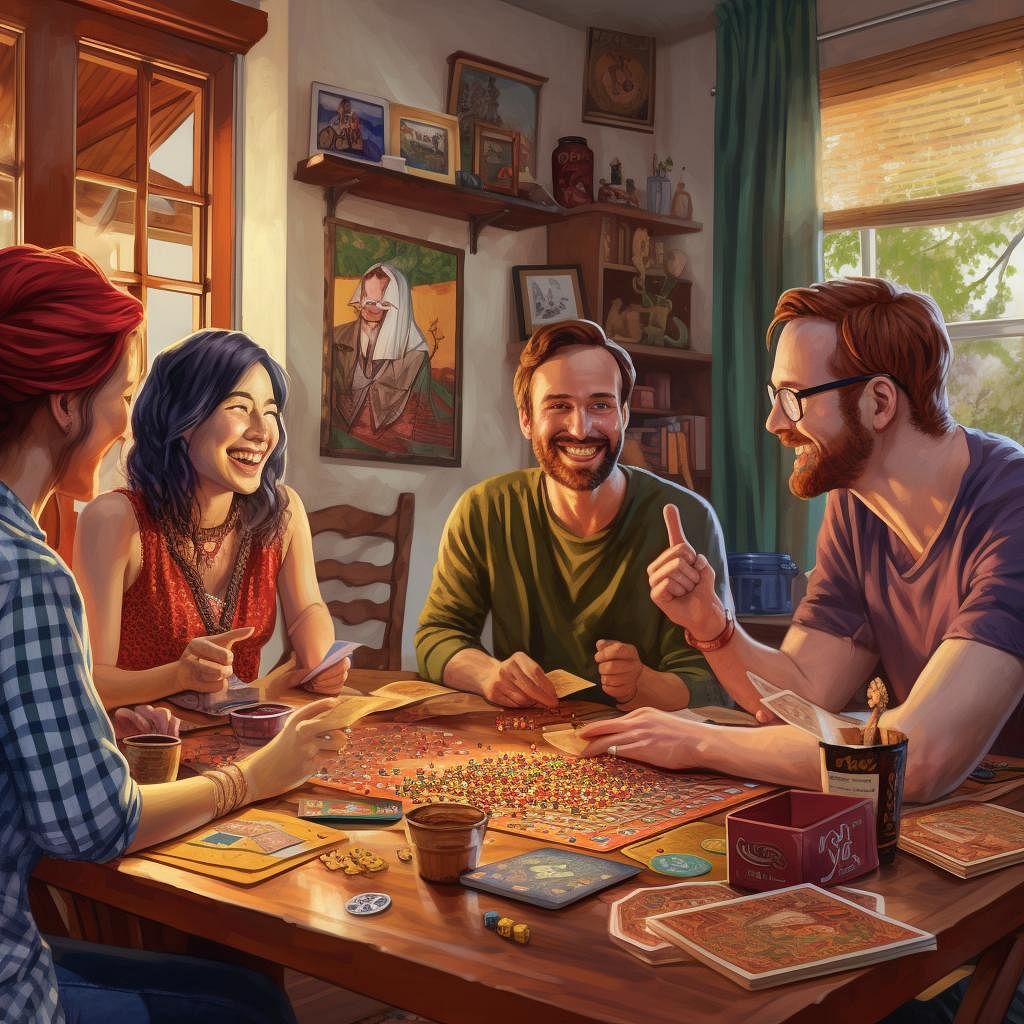 A group of friends gathered around a table, playing various board games with foreign language elements, such as Scrabble, Codenames, Dixit, Settlers of Catan, and Bananagrams. They are laughing, engaged in conversation, and learning new vocabulary while enjoying the games.