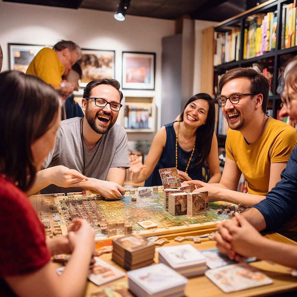 A group of people gathered around a table, playing various board games such as Scrabble, Codenames, Dixit, and Bananagrams. Each game