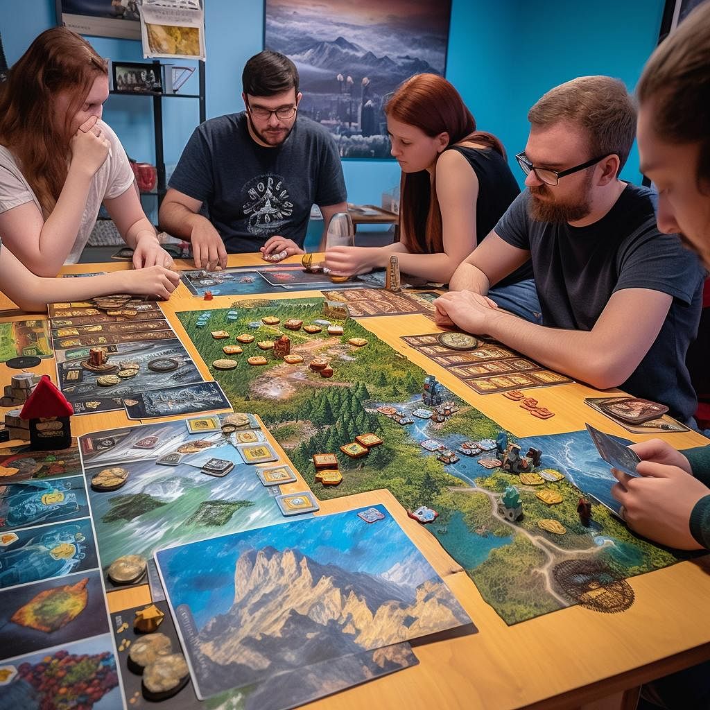 A group of people gathered around a table, playing a cooperative board game, with various game boxes such as Pandemic, Forbidden Island, Mysterium, Betrayal at Baldur